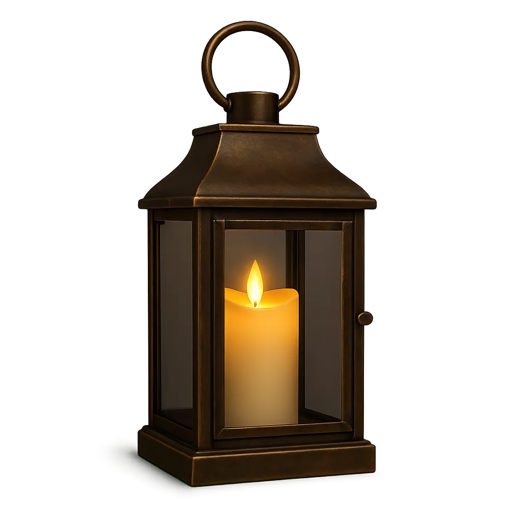 Antique brass hearth lantern with glass panes and flameless pillar candle