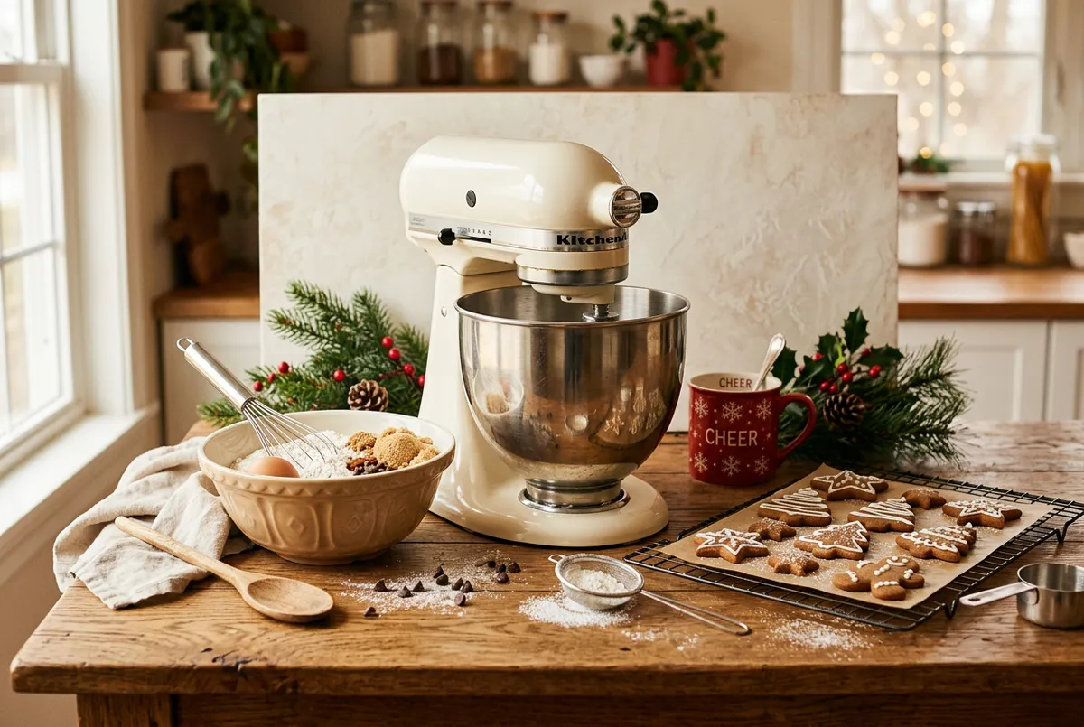 Holiday baking essentials, festive mugs, gingerbread cookies and ceramic tableware