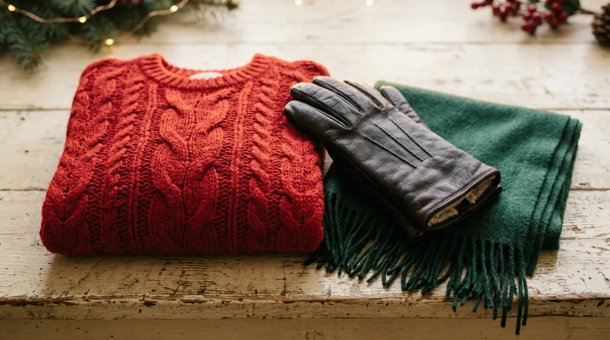Seasonal holiday fashion with wool scarves and warm knitwear
