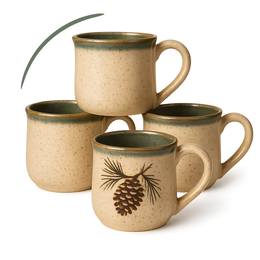 Set of four rustic ceramic pinecone mugs with glazed rim