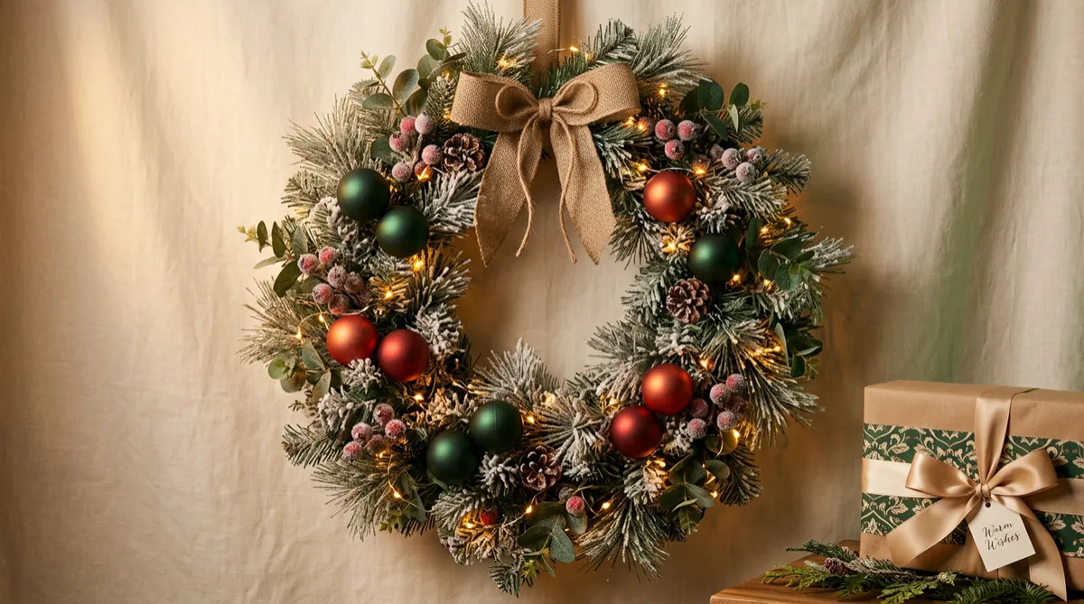 Warm holiday decor featuring pine wreaths and twinkle lights