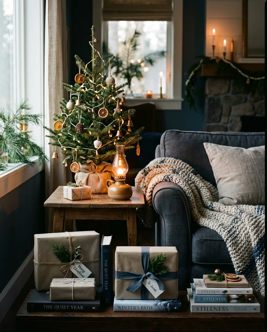 Warm and cozy holiday home interior with festive garlands and soft lighting