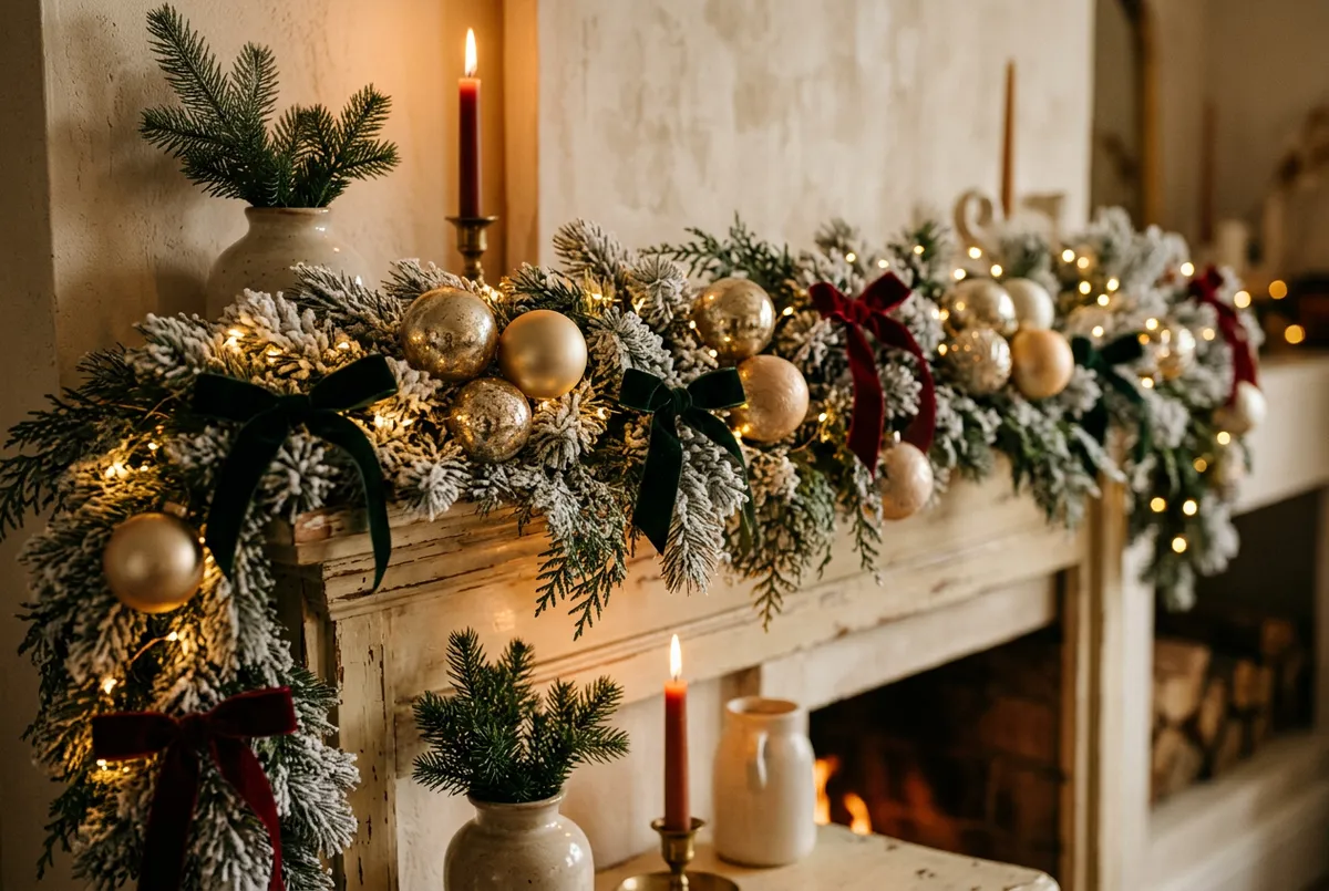 Cozy holiday tree ornaments, warm twinkle lights and mantel garland decor