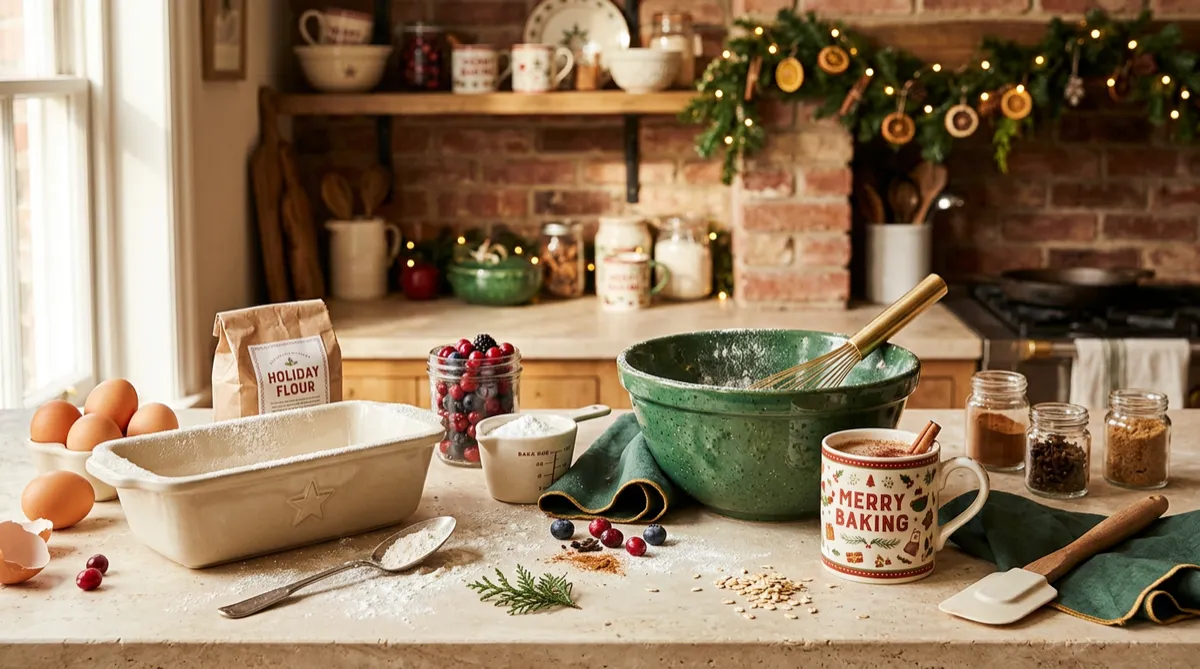 Festive kitchen essentials including stoneware bakeware and seasonal mugs