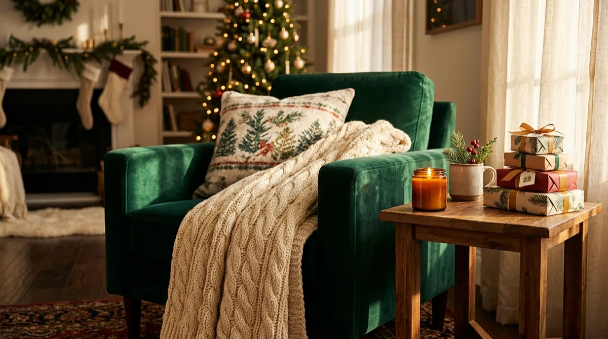 Cozy home essentials with plush holiday blankets and scented candles