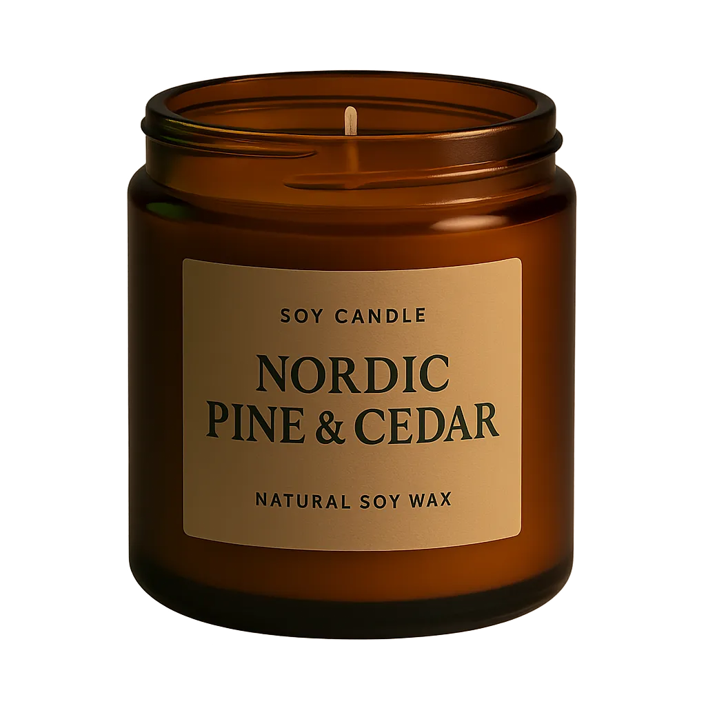Nordic pine and cedar scented soy candle in amber jar