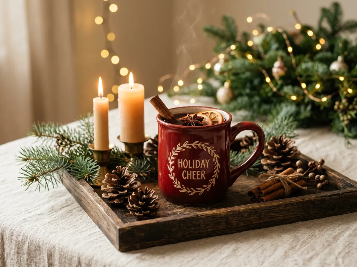 Warm glowing scented candle and ceramic holiday mug with cinnamon sticks on a rustic wooden table