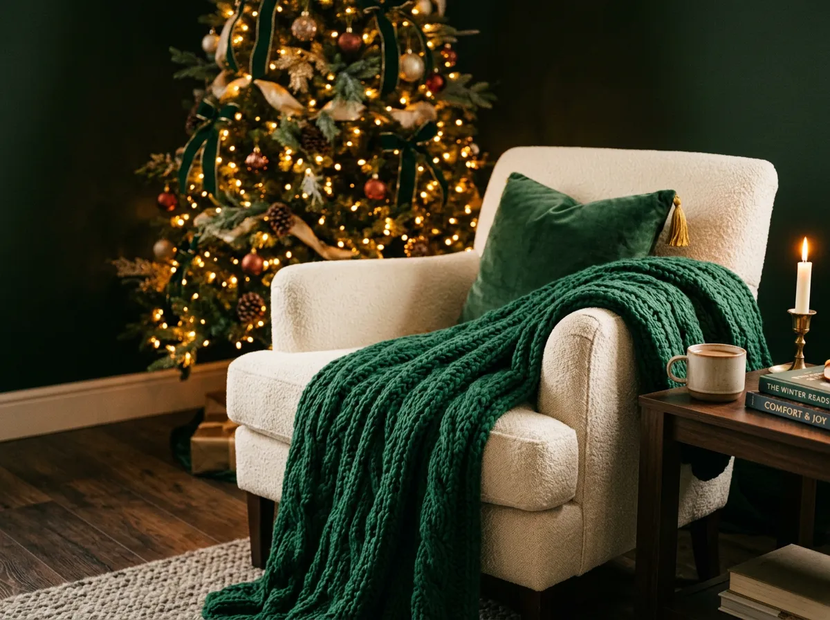 Cozy chunky knit holiday blanket draped over an armchair next to Christmas tree with twinkle lights