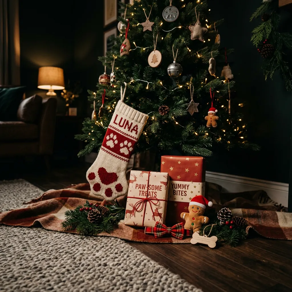 Adorable pet gifts and holiday accessories next to a Christmas tree