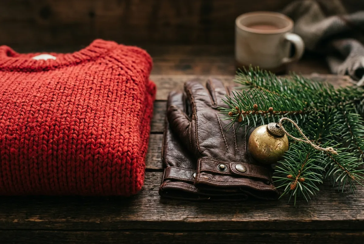 Warm winter fashion including cable knit sweaters, plaid scarves and wool slippers