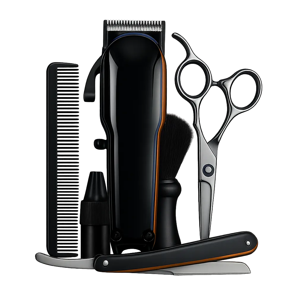 High-contrast cutout of professional barber grooming tools