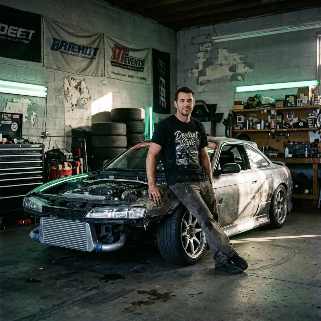 Dave Kowalski leaning on an S14 Silvia drift car wearing Deviant Style shirt