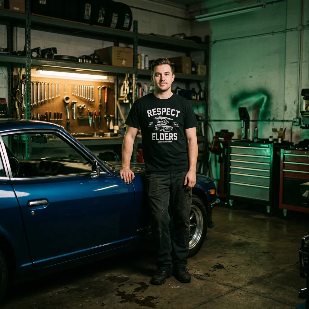 Marcus Vane wearing Respect Your Elders shirt next to a 1971 Datsun 240Z in his workshop