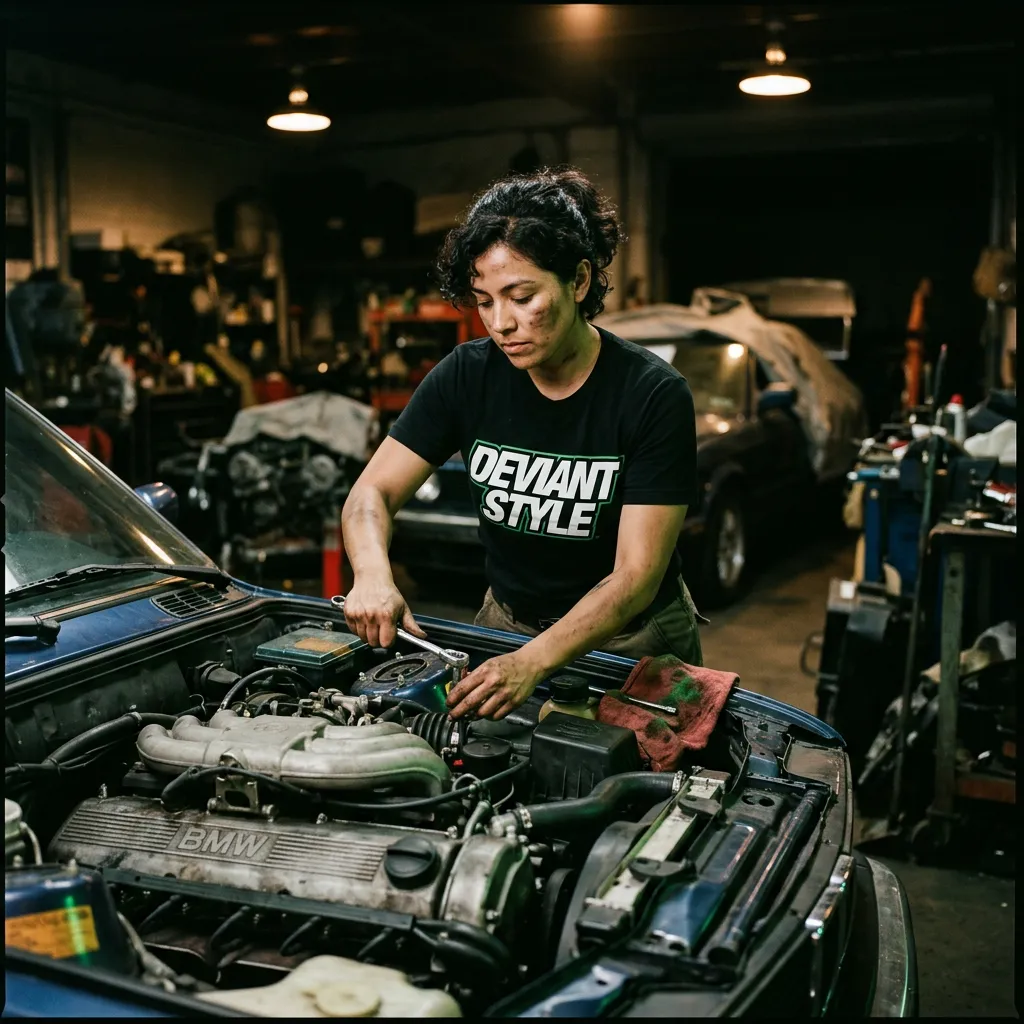 Elena Cruz in her garage tuning a classic BMW E30 in Deviant Style shirt