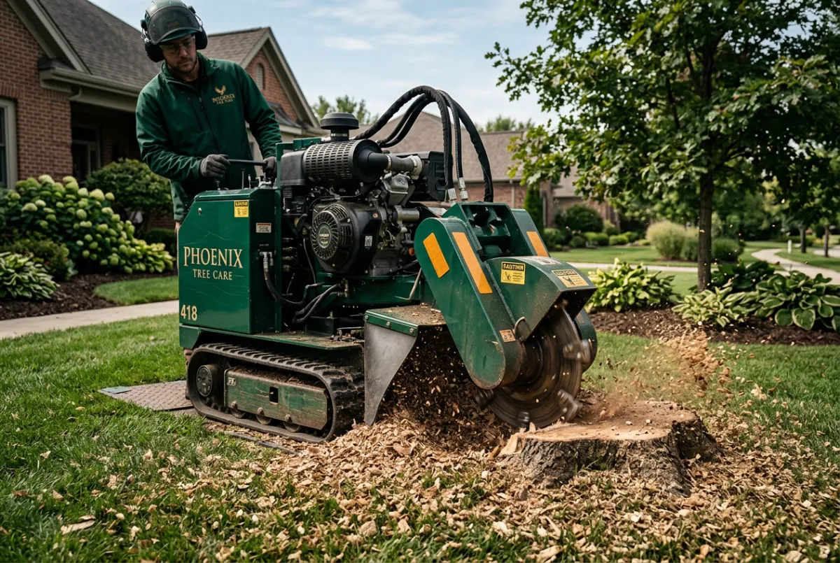 Commercial stump grinder operating on residential lawn without surface damage