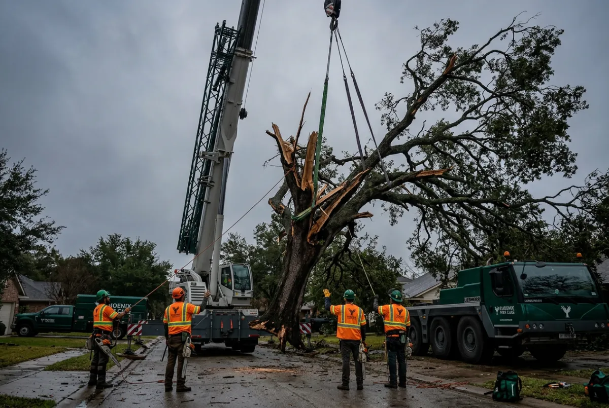 Emergency hazardous tree removal with crane rigging after severe storm
