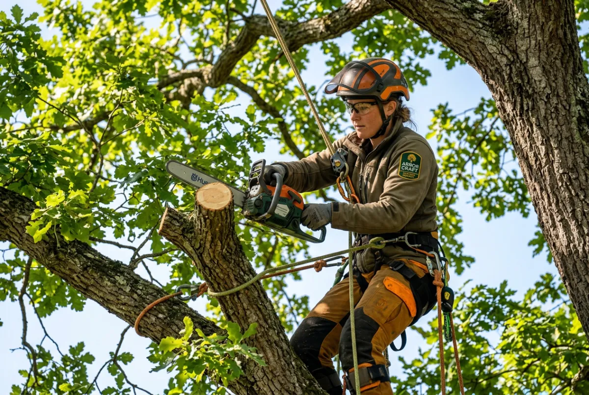 Certified arborist performing canopy reduction and tree trimming