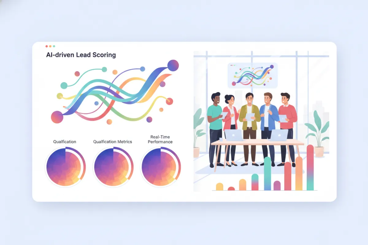 A vibrant, modern dashboard interface showing AI-driven lead scoring, colorful charts, and real-time qualification metrics, with a diverse team of sales professionals collaborating in a bright, glass-walled office.