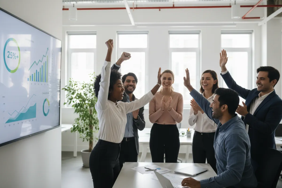 A diverse group of sales professionals celebrating a successful quarter in a modern office, high-fiving and smiling around a digital display showing improved conversion metrics. The atmosphere is energetic, collaborative, and optimistic.