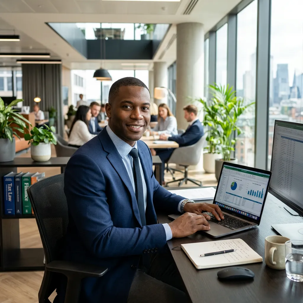 Smiling professional man in a suit wearing glasses working on a laptop
