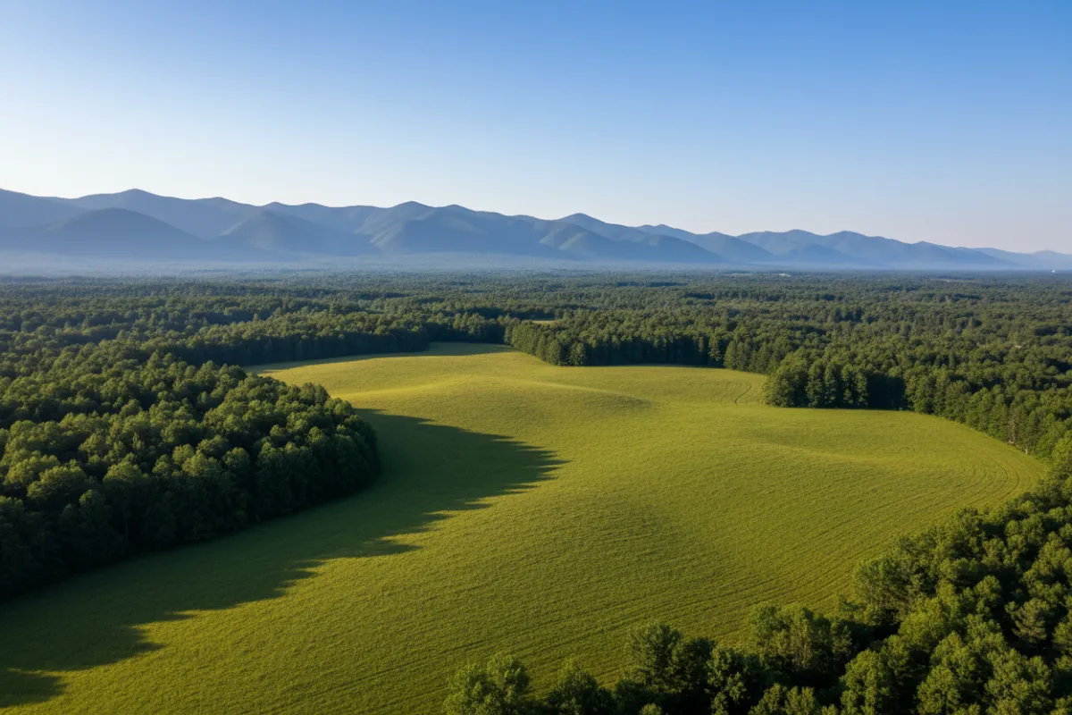 Aerial view of a sunlit, undeveloped green field bordered by forest, with a clear blue sky and distant mountains, captured in a professional, high-resolution landscape style. No people or buildings are visible, emphasizing the land's natural potential.