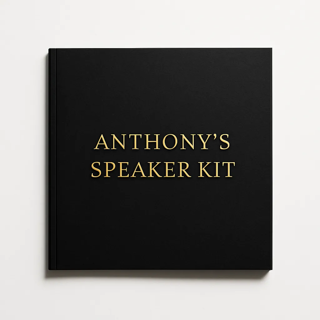 Speaker kit cover mockup: black and gold minimal booklet, square composition