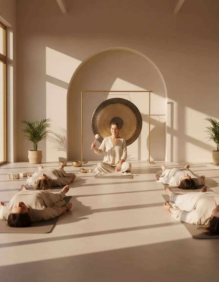 Personas descansando en esterillas durante un concierto de gongs