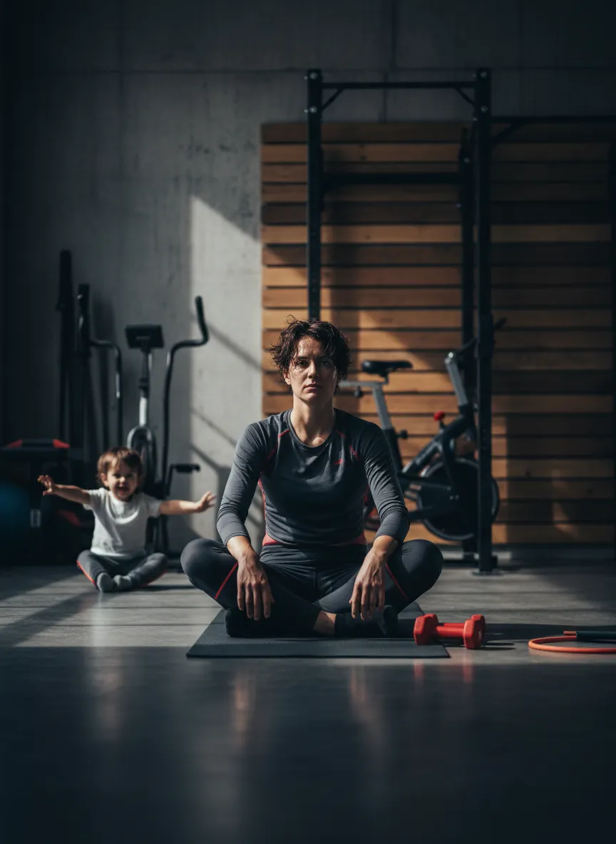 Exhausted but determined parent taking a brief rest during a home workout