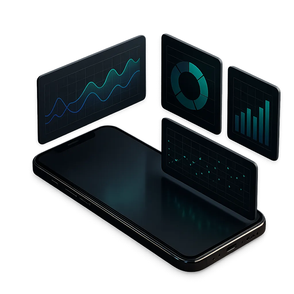 3D isometric device mockup displaying Orbyta live sales growth analytics dashboard