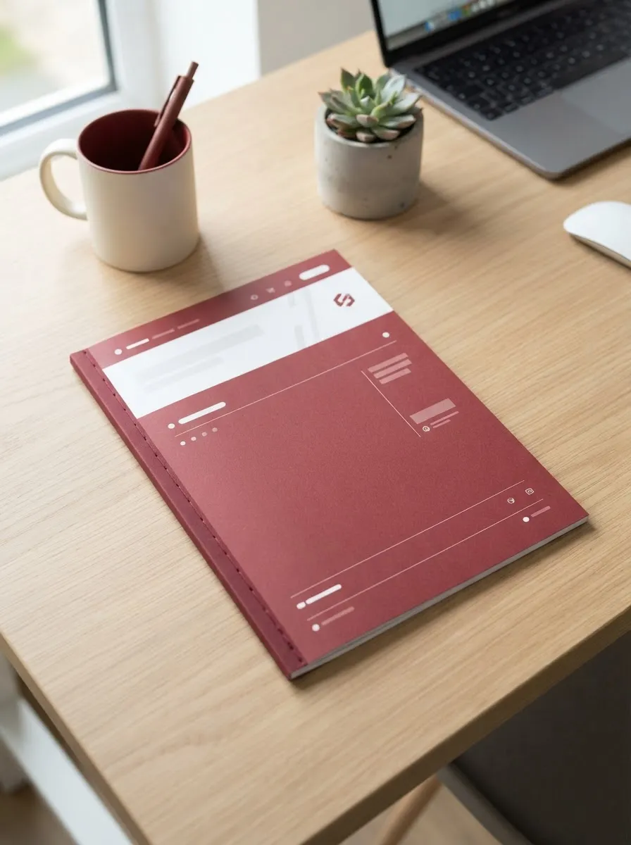 Mockup of a dark red workbook or guide with white text on a light background.