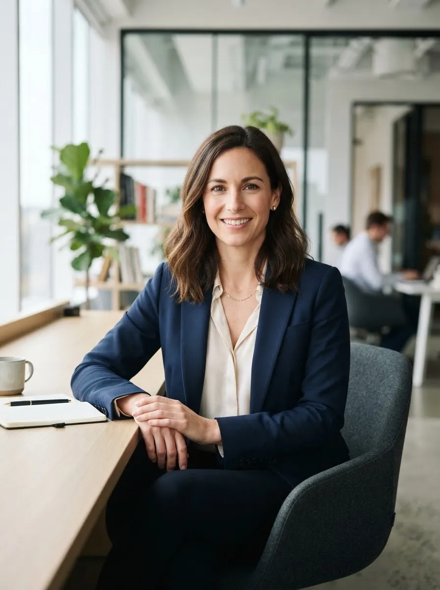 Professional portrait of Natalie Kerr, the founder, in a well-lit indoor setting.