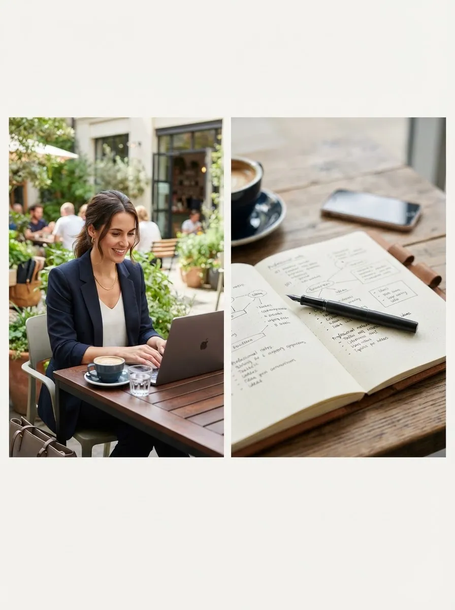 Collage of photos: a woman sitting outdoors working on a laptop, and a close-up of a notebook and pen.