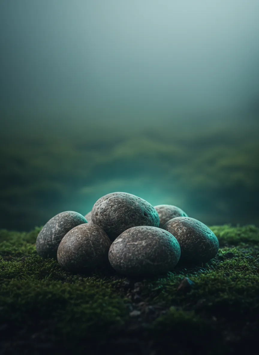 Smooth river stones in misty PNW tones representing transparency and stability