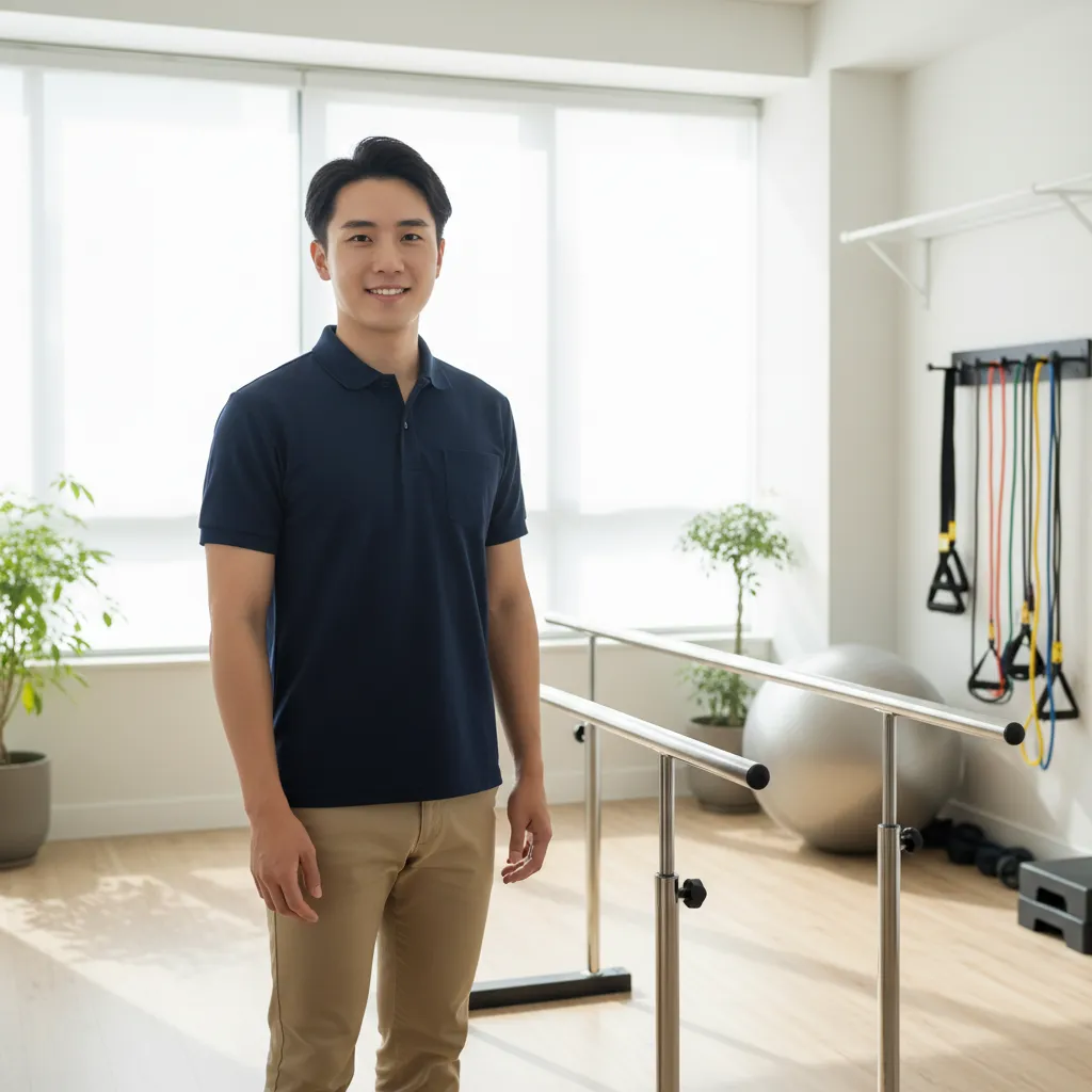 A young male therapist of Asian descent, wearing a navy polo and khakis, stands beside therapy equipment, radiating approachability and expertise in a modern clinic.