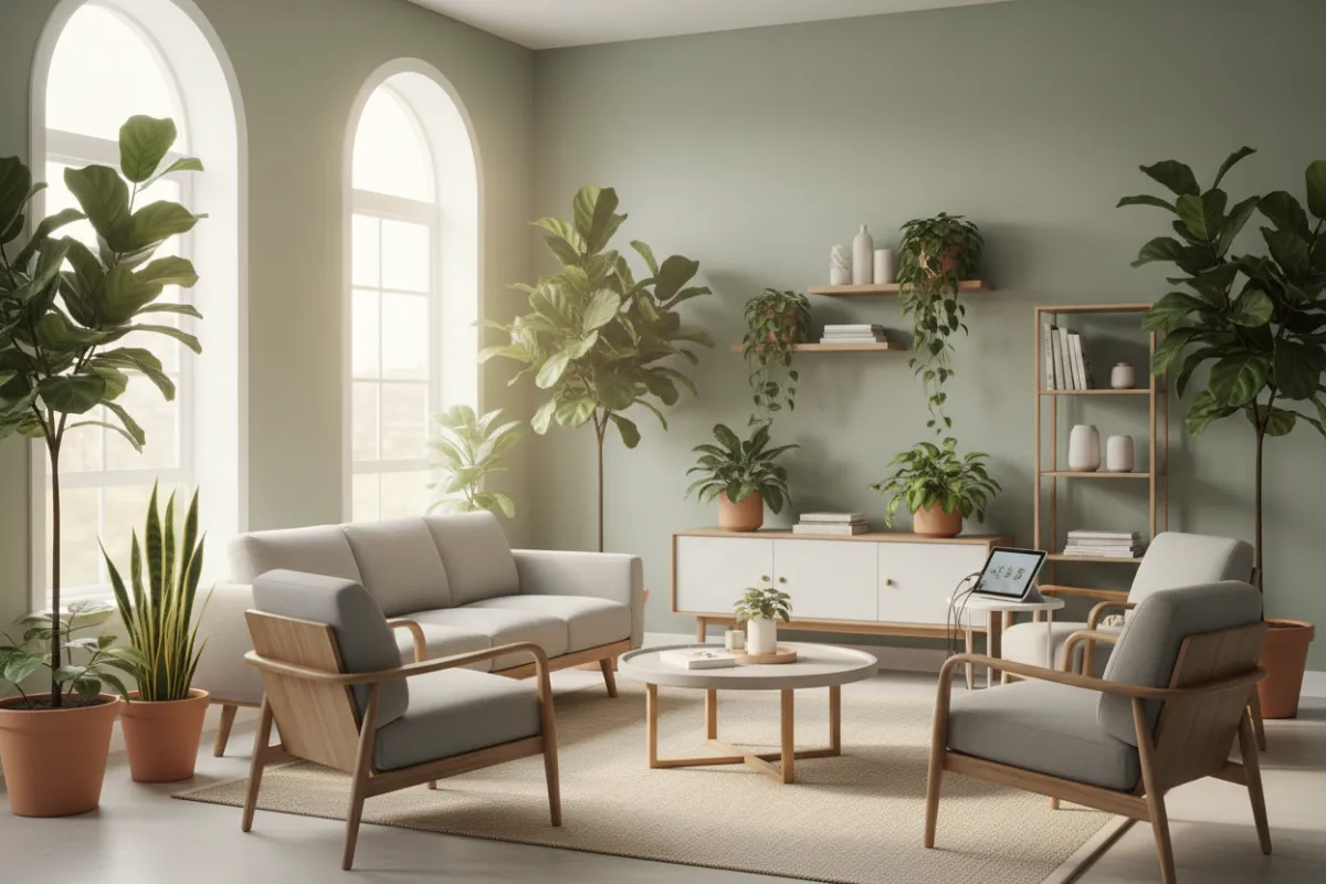 A serene therapy room with natural light, soft green plants, and modern equipment, creating a calming, welcoming space for clients of all backgrounds to feel at ease.