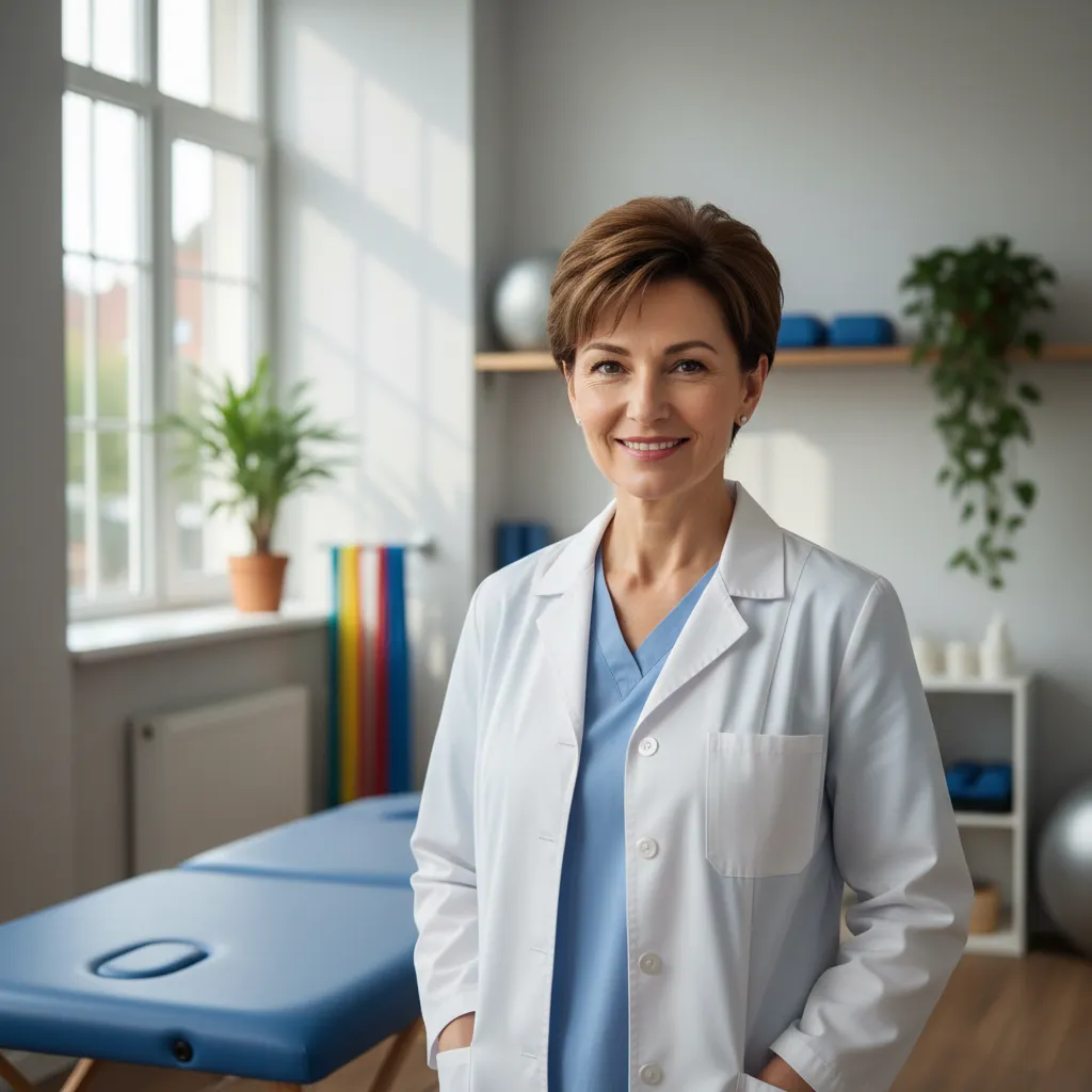 A middle-aged female physical therapist with short hair, wearing a white coat and a warm smile, stands in a sunlit therapy room, exuding professionalism and compassion.