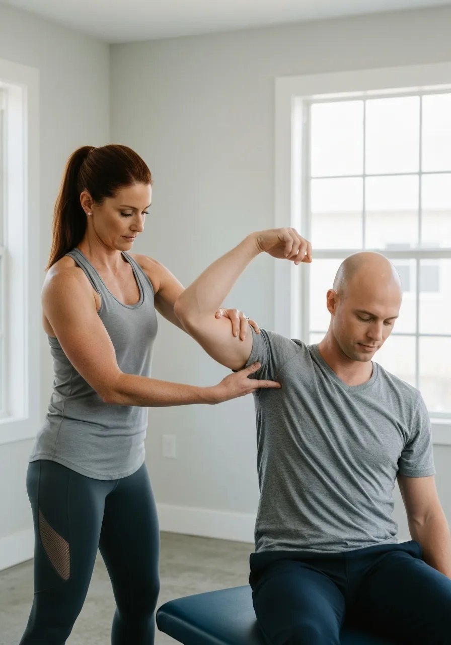 Therapist stretching patient's arm