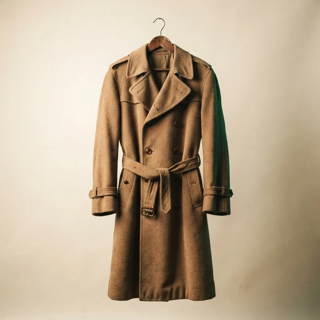 Vintage 1970s Wool Trench Coat hanging in boutique lighting