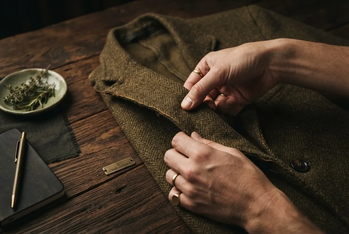 Premium consignment garments professionally cataloged on natural wood hangers