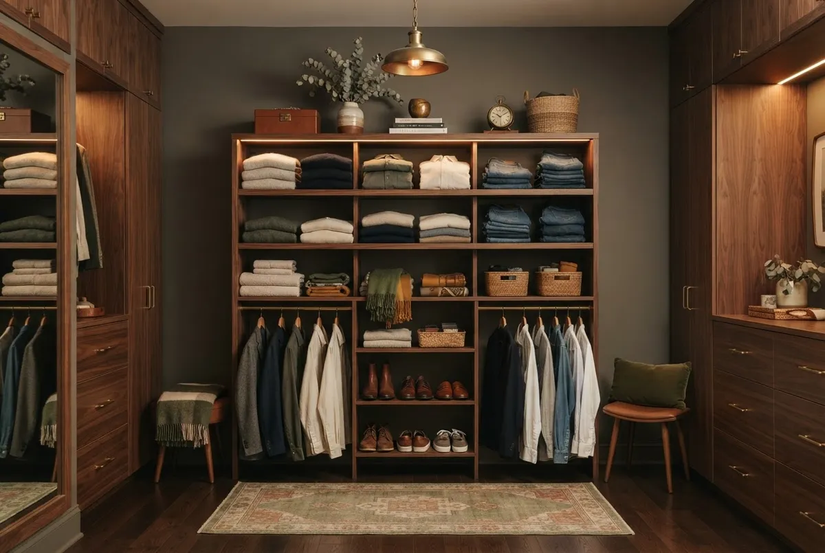Serene and organized home interior featuring vintage ceramics and curated wooden shelving