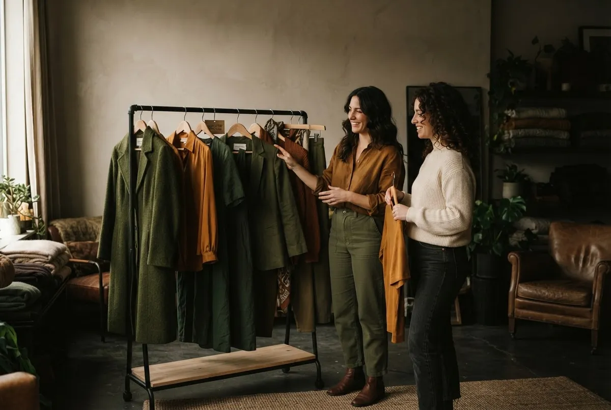 Personal styling consultation session with warm natural lighting and curated fabrics