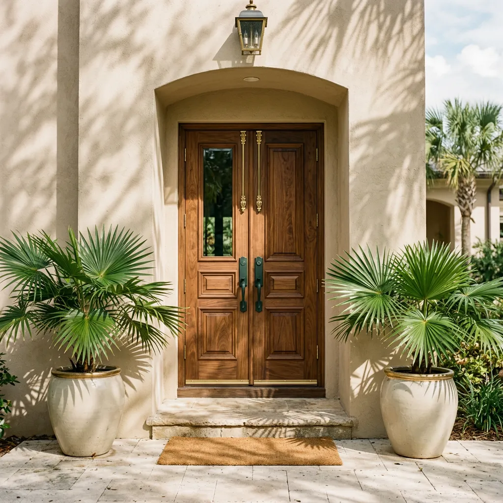 Sunlit portico and architectural entryway of an established Florida coastal residence