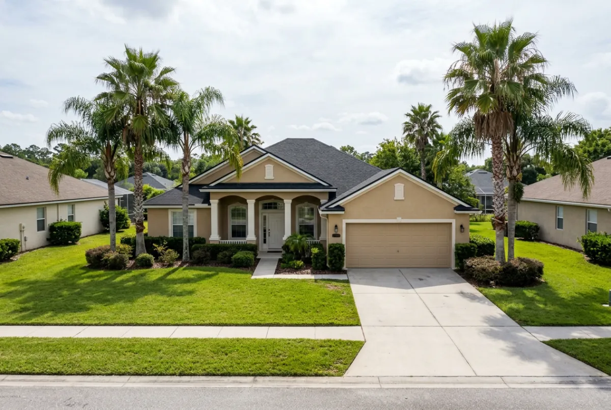 Quiet Florida single-family vacant home with manicured palm landscape