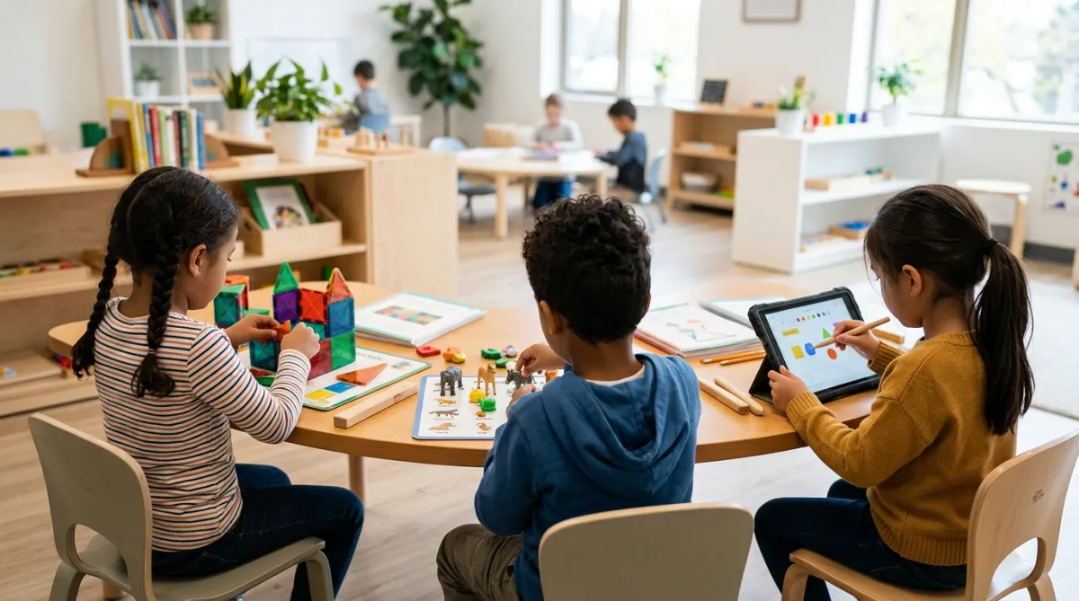 Children sitting at a table engaged in an educational activity, viewed from behind.
