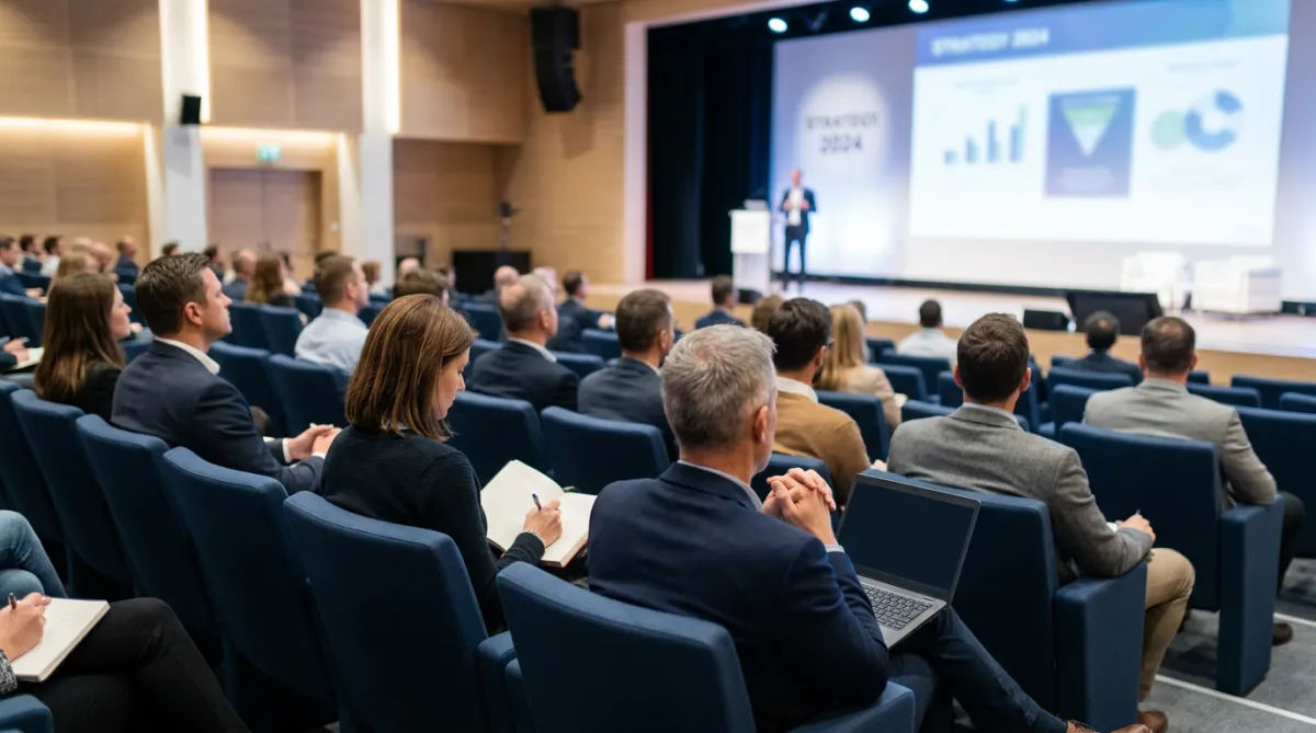 People sitting in a row during a conference or course, viewed from behind.