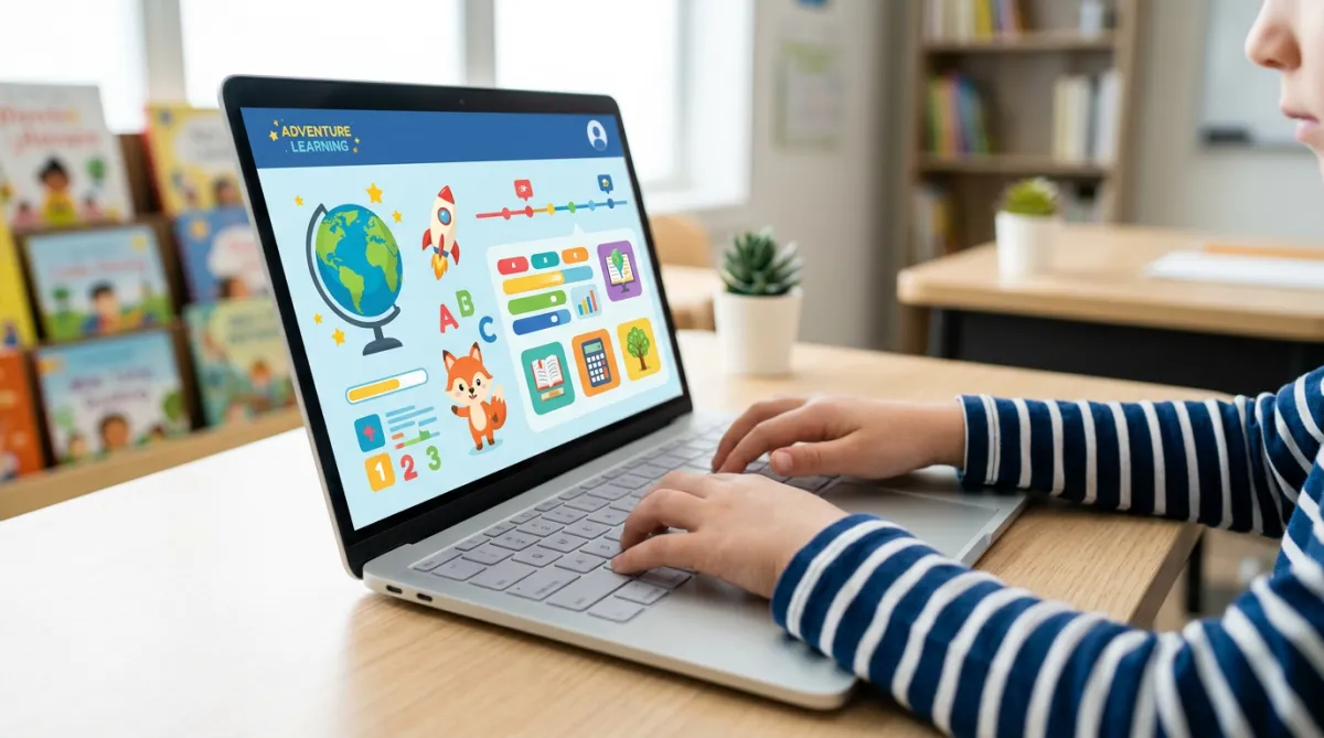 Child's hands typing on a laptop with educational graphics on the screen.