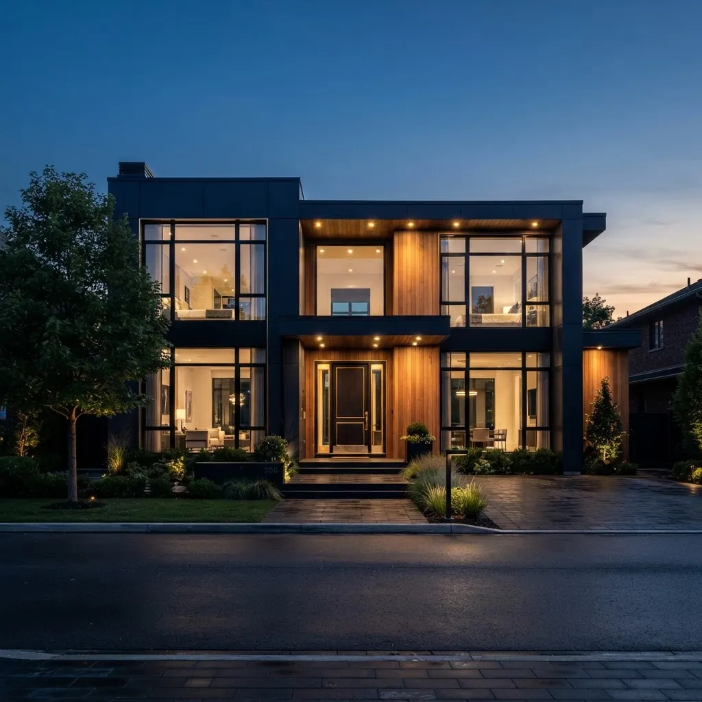Sleek architectural facade with crisp geometric lines and deep navy evening shadows