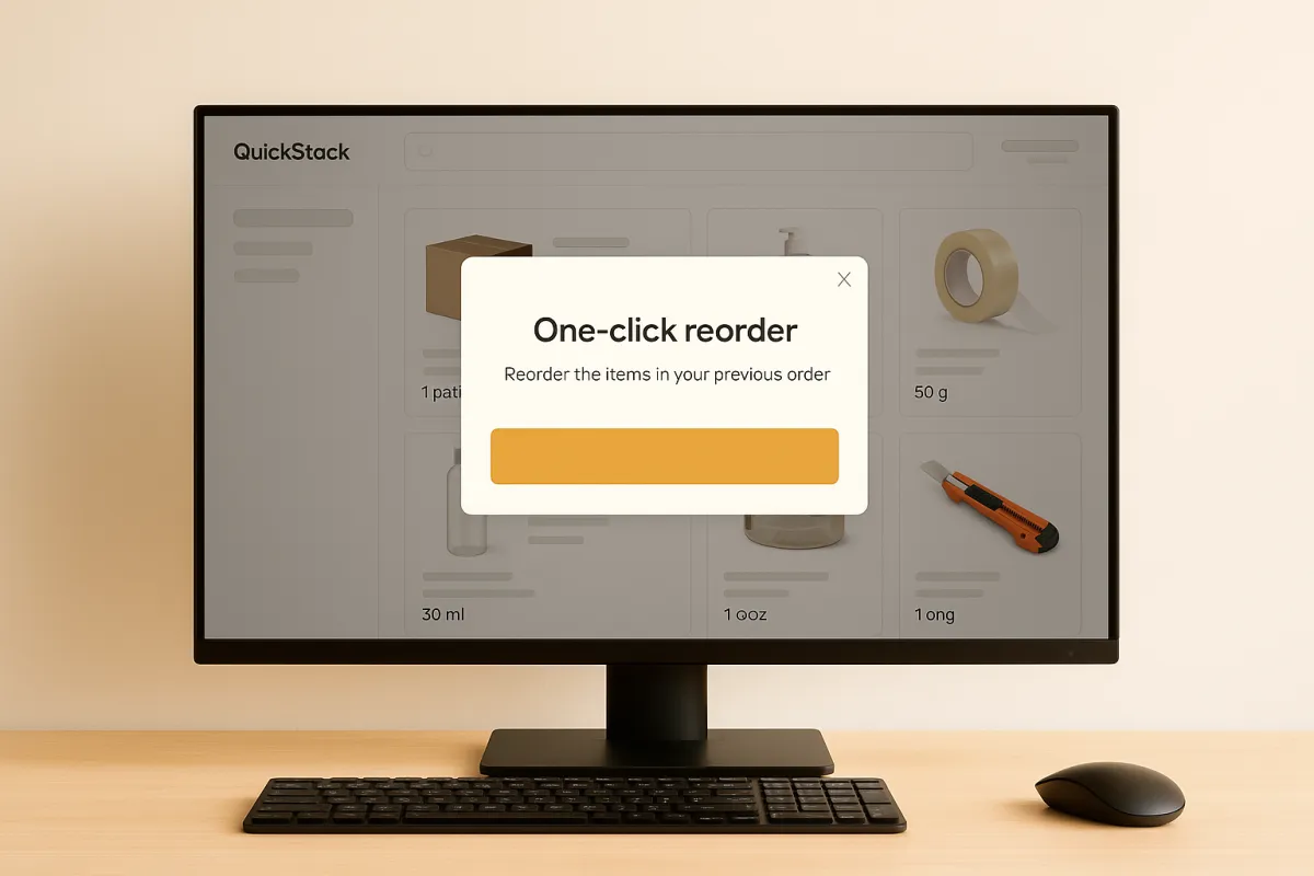 QuickStock purchasing flow with one-click reorder on desktop