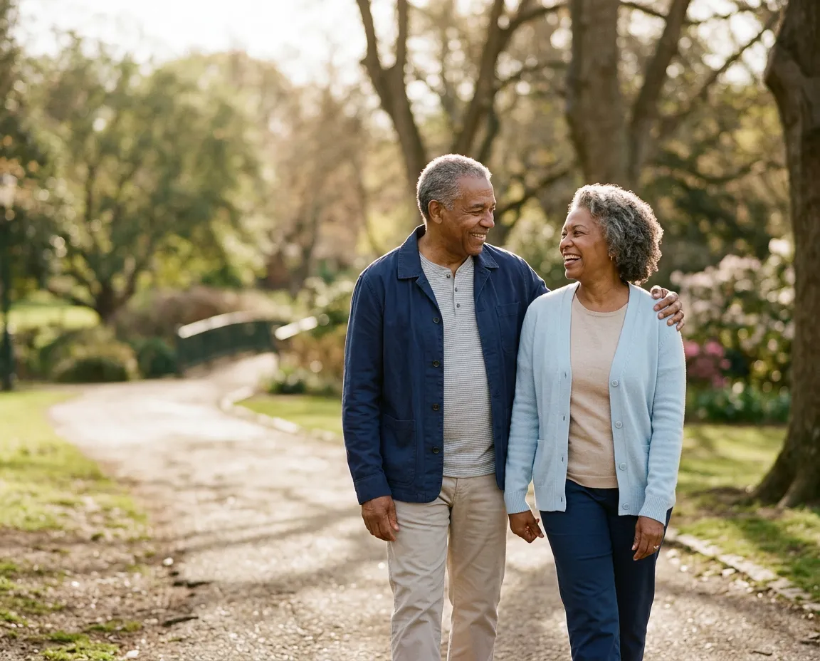 Older couple walking together outdoors