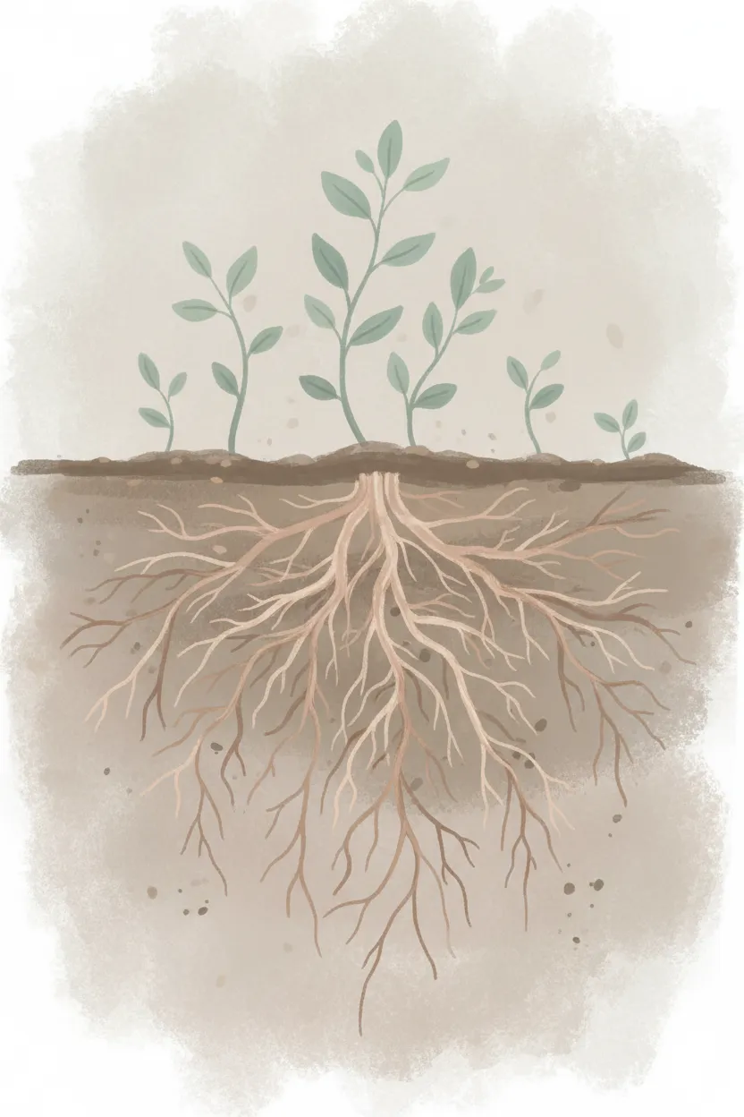 Soil cross-section illustration showing a cultivated root system with small shoots in a muted feminine palette (muted rose, warm beige, soft sage, taupe); no people or text